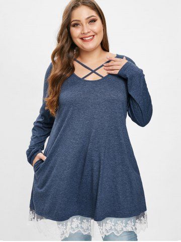

Plus Size Criss Cross Contrast Tee with Lace, Sky blue