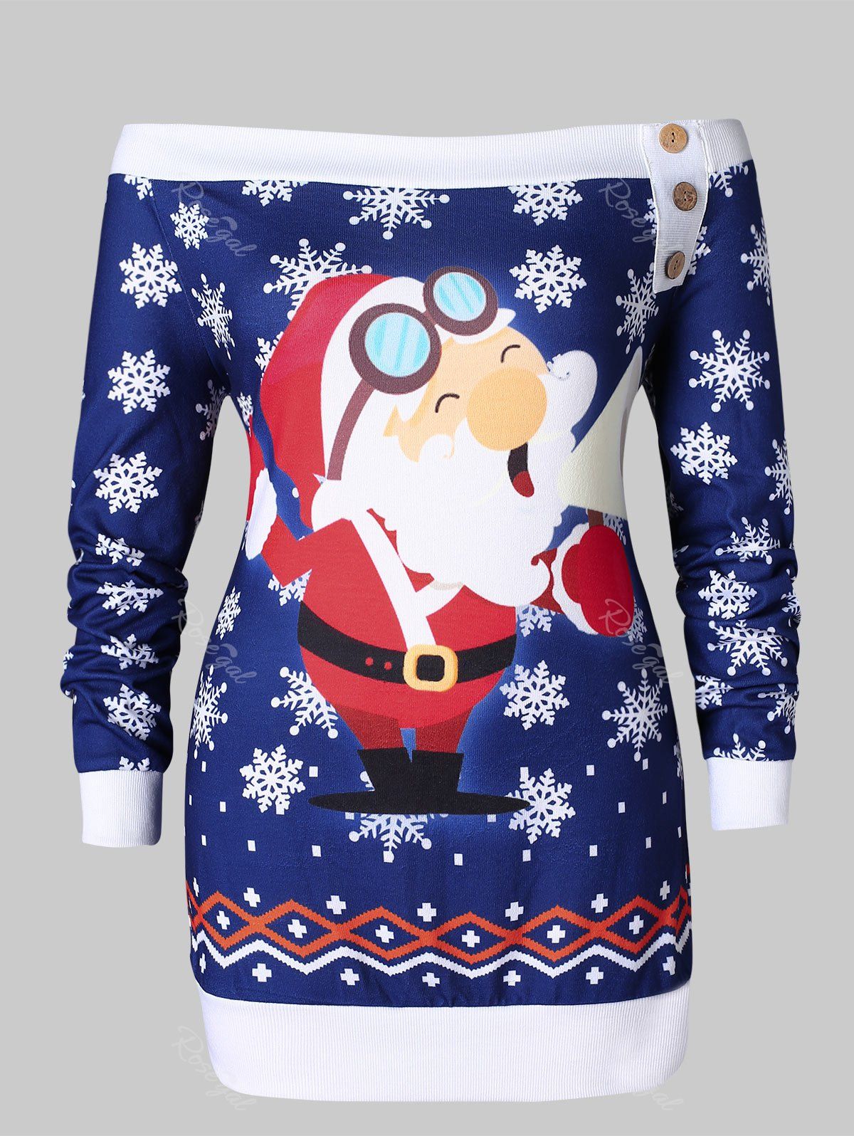 

Plus Size Off Shoulder Santa Claus Snowflake Christmas T-shirt, Deep blue