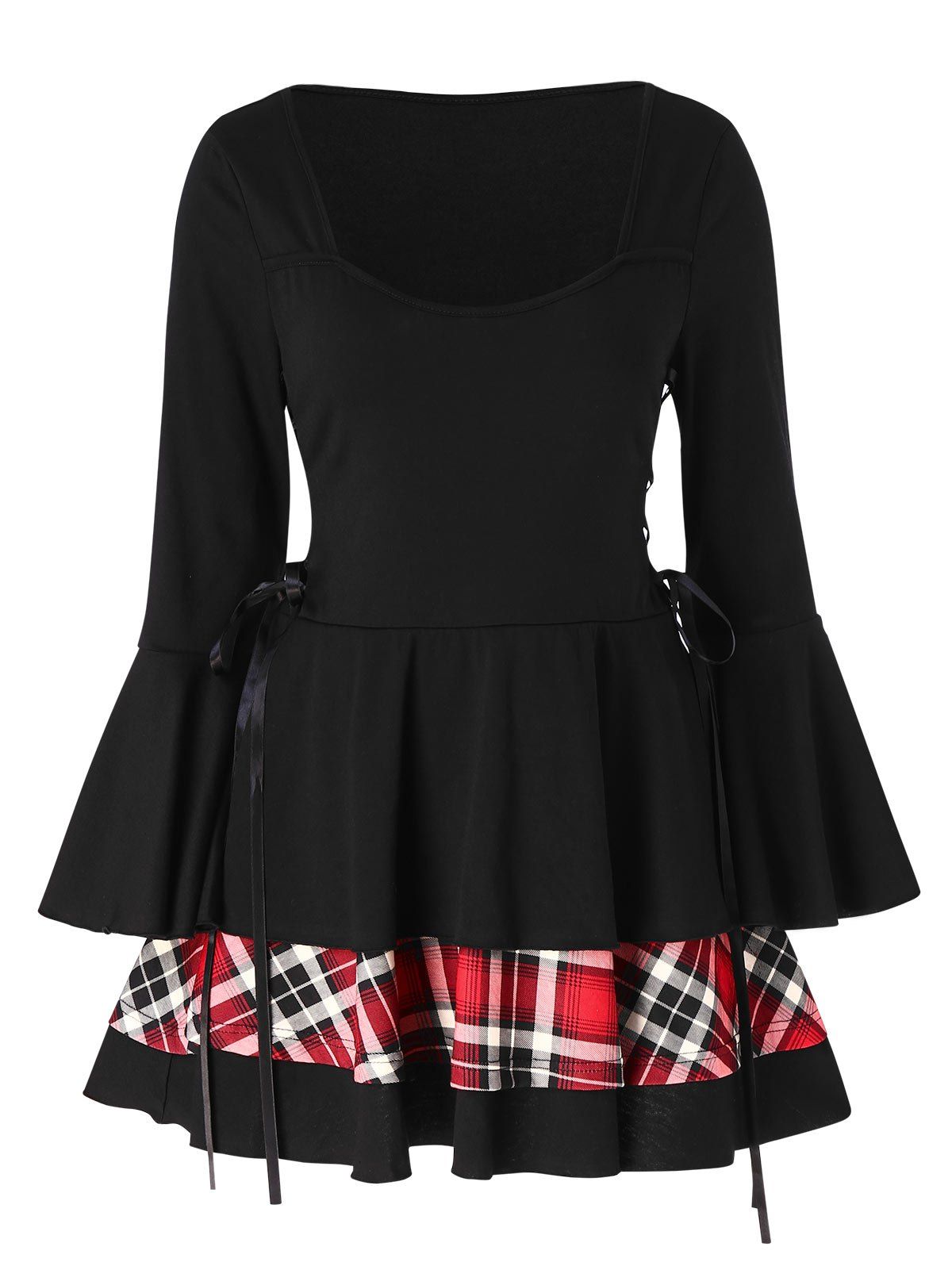 Lace Up Bell Sleeve Layered T-shirt, Black