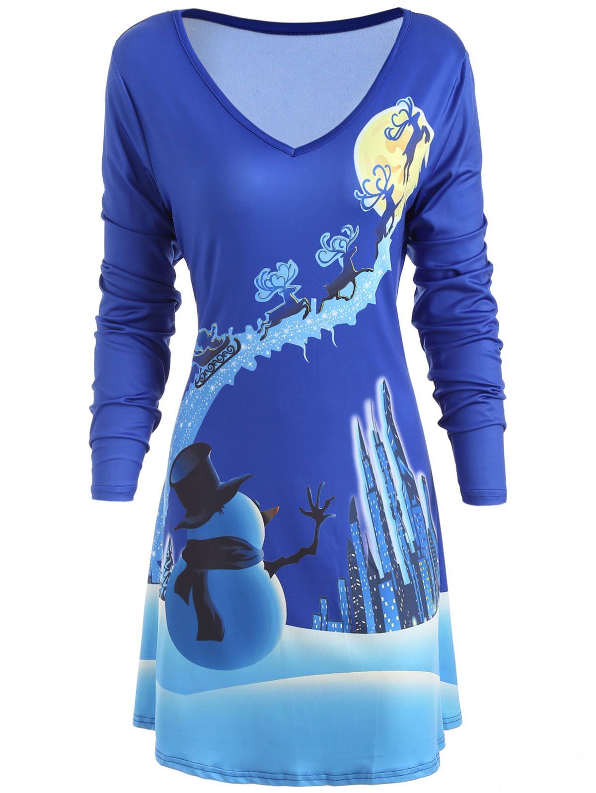 

Elk Snowman Print Christmas T-shirt Dress, Blue