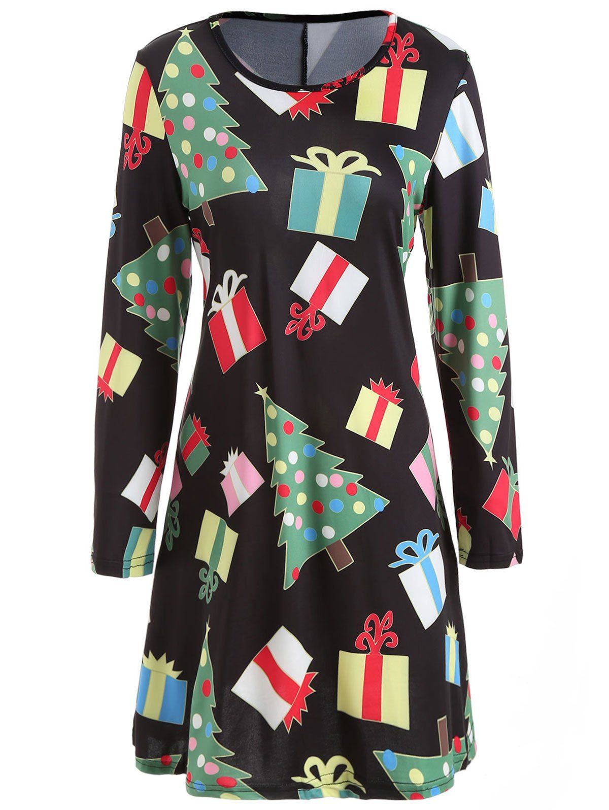 

Christmas Tree Gift Print Swing Dress, Black