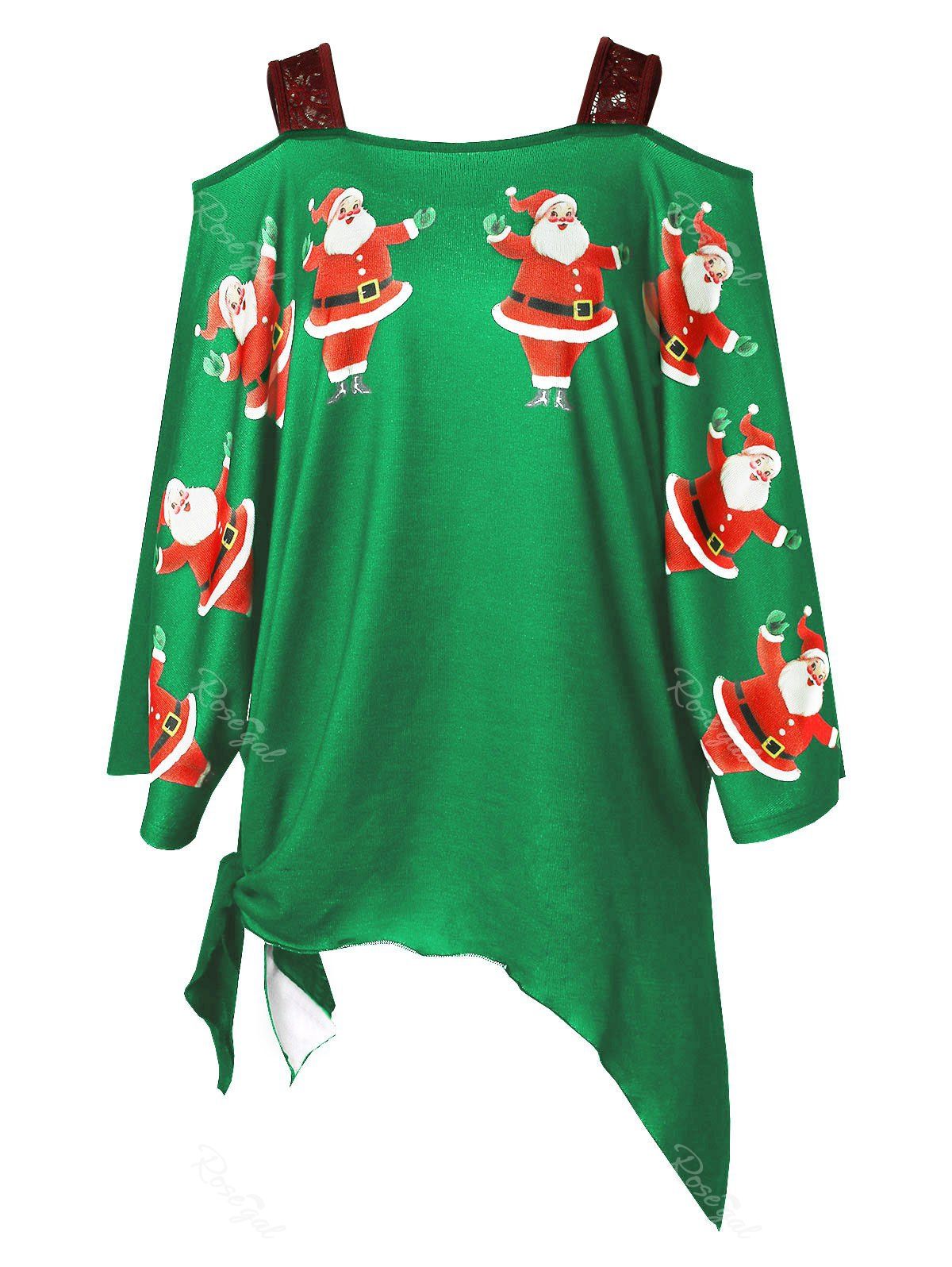 

Plus Size Open Shoulder Santa Claus Christmas T-shirt, Shamrock green