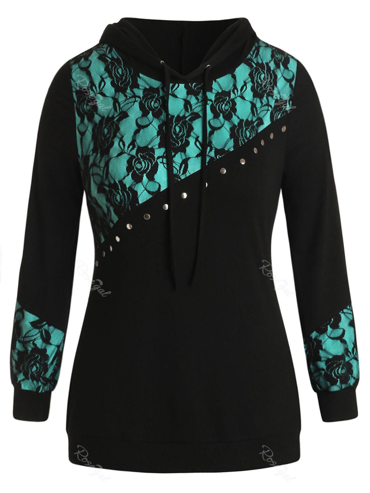 

Lace Panel Plus Size Drawstring Hoodie, Black