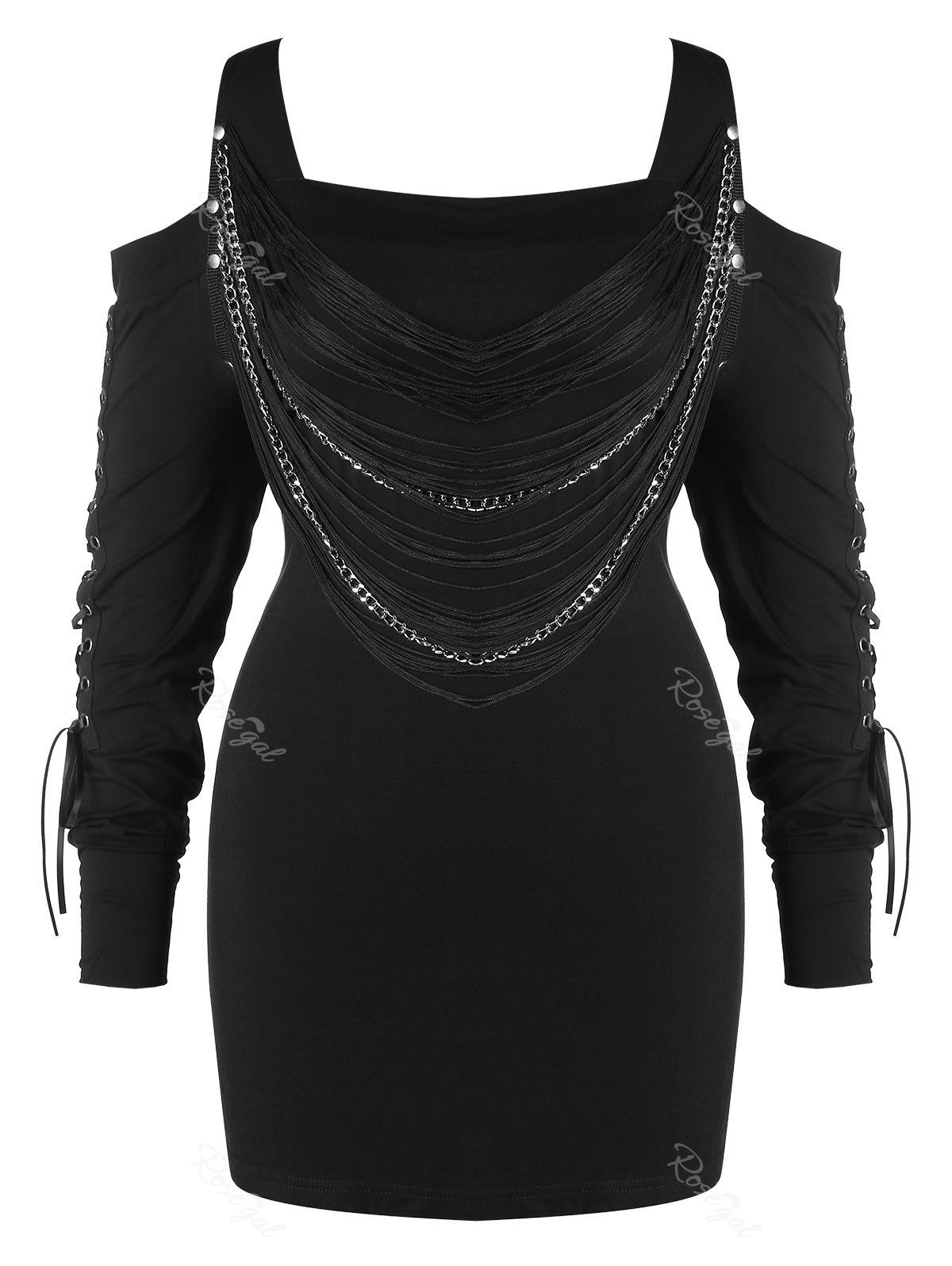

Plus Size Fringed Lace Up Open Shoulder T-shirt, Black