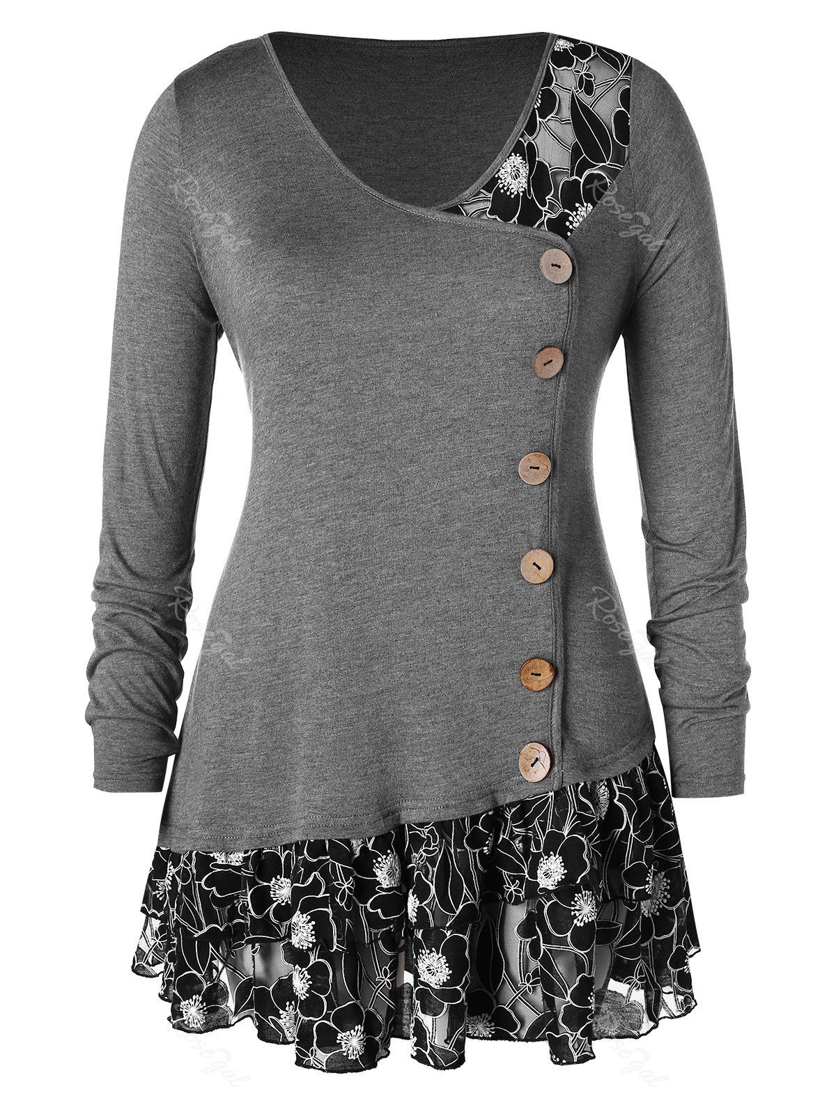 

Plus Size Buttoned Lace Insert Tunic T-shirt, Gray