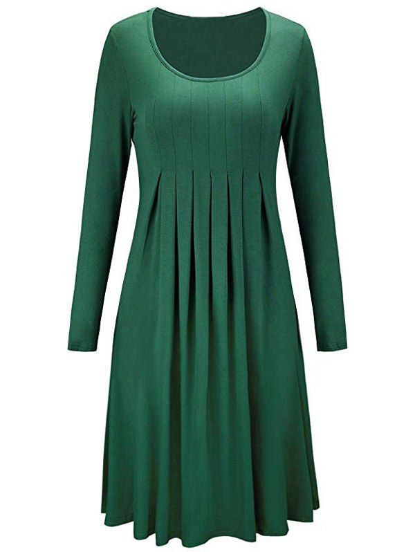 

Scoop Neck Long Sleeve Pleated Dress, Army green