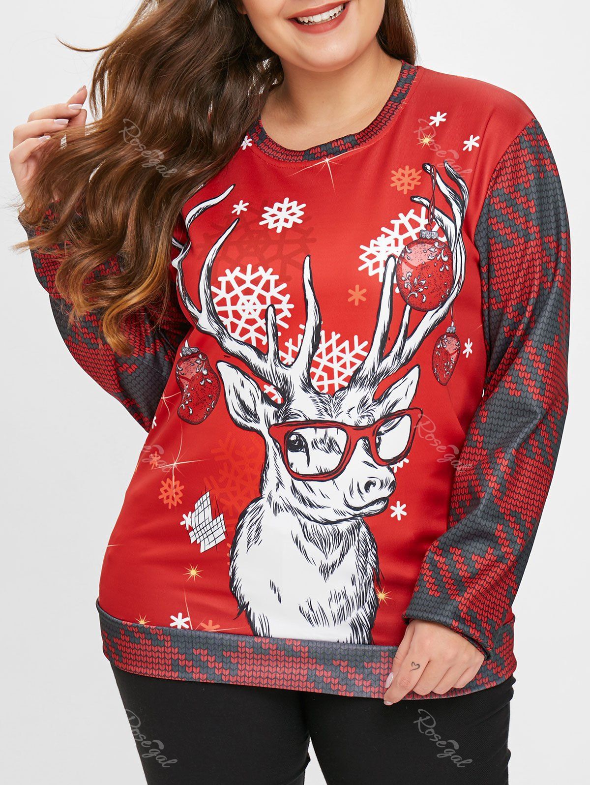 

Plus Size Christmas Elk Print Pullover Sweatshirt, Red