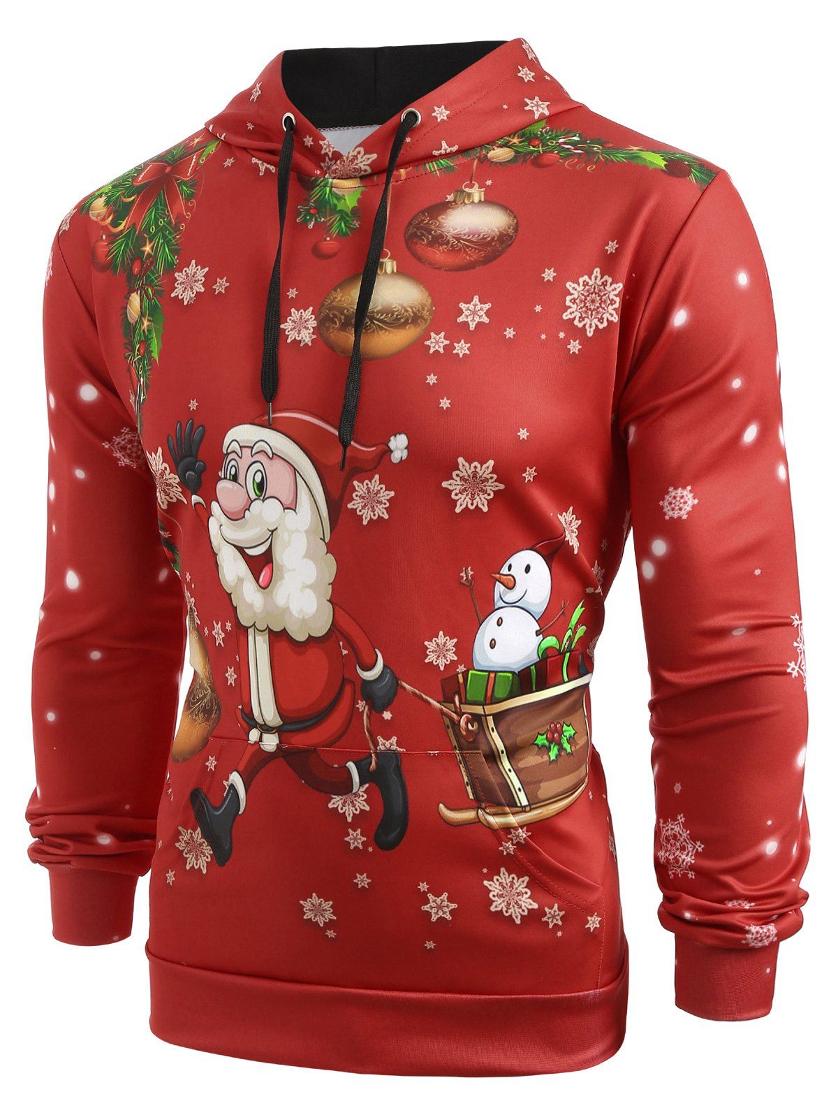 

Christmas Theme Print Casual Drawstring Hoodie, Ruby red