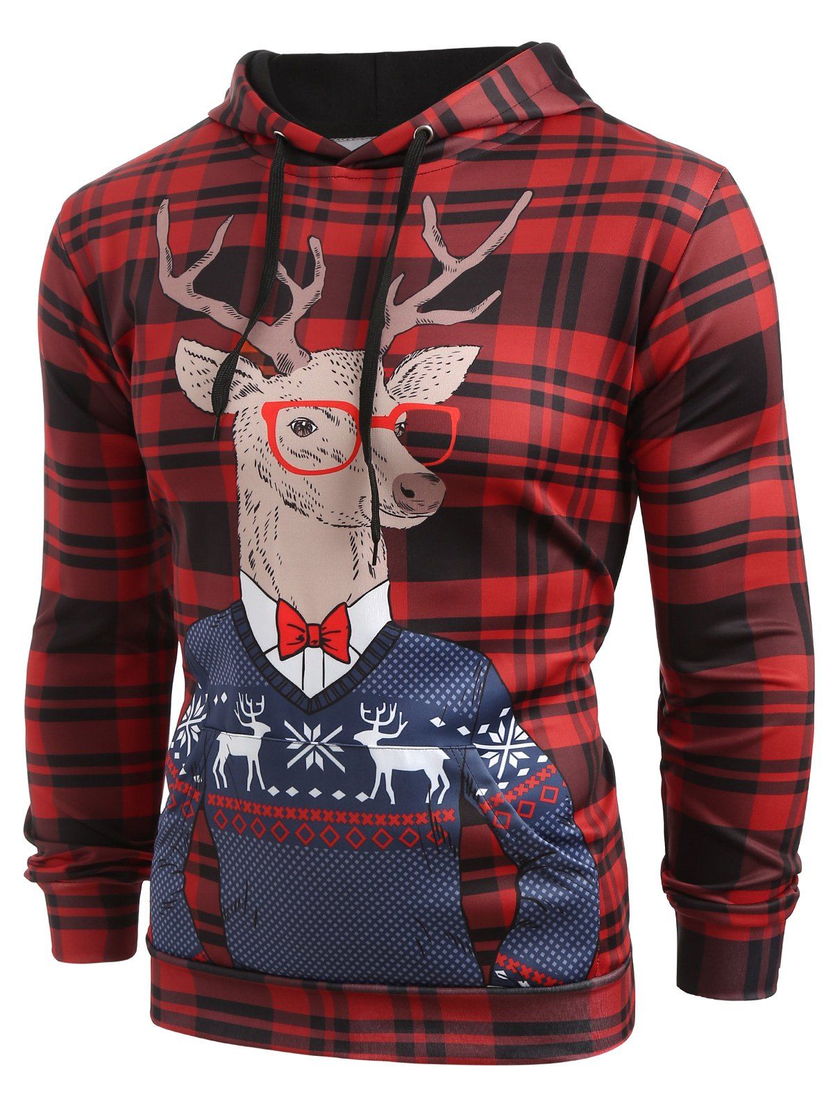 

Plaid Christmas Deer Printed Casual Hoodie, Cherry red