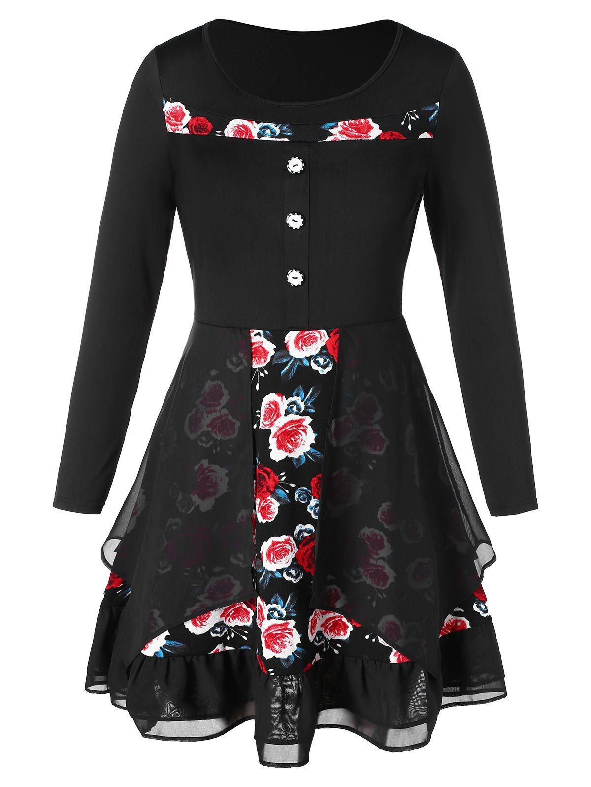 

Plus Size Flower Print Multilayer High Low Dress, Black