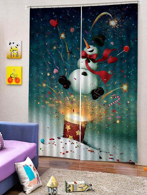 

2PCS Christmas Happy Snowman Window Curtains, Medium sea green