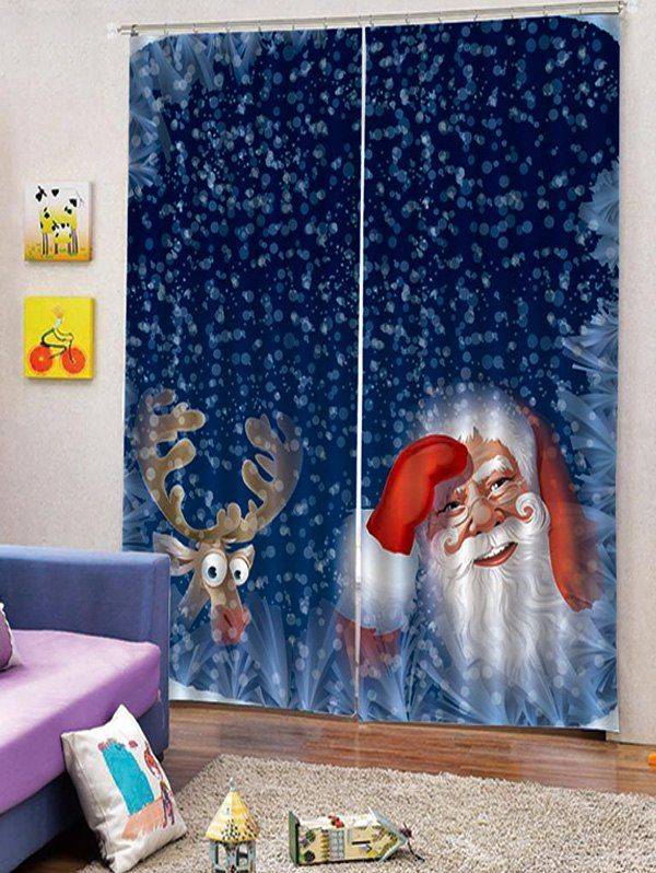 

2PCS Deer Father Christmas Window Curtains, Deep blue