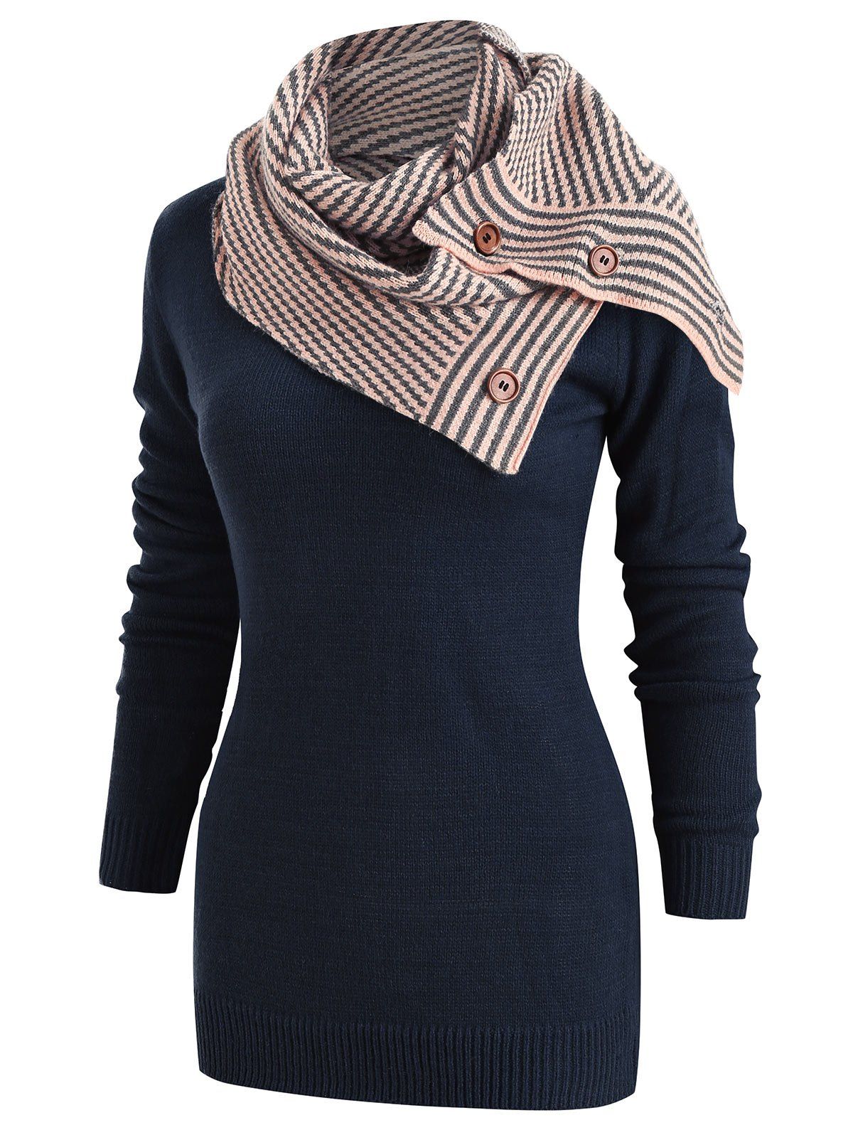 

Long Sleeve Sweater with Striped Scarf, Midnight blue