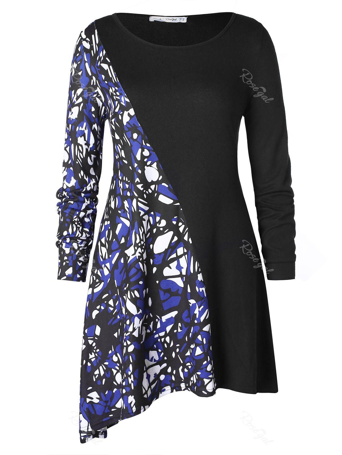

Plus Size Contrast Abstract Print Asymmetrical T-shirt, Black