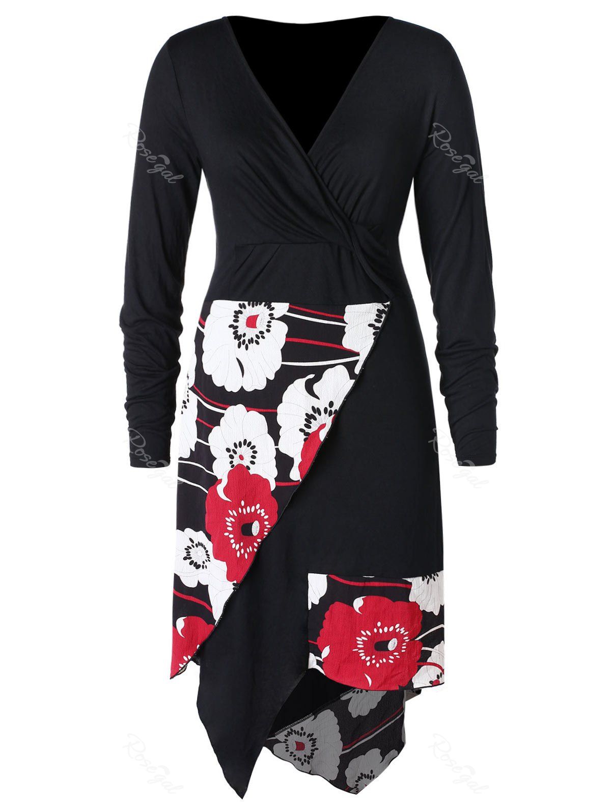 

Plus Size Asymmetrical Overlap Floral Surplice Top, Black