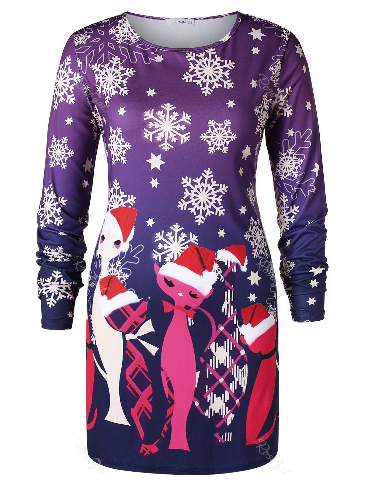 

Christmas Plus Size Snowflake Cat Print Mini Dress, Multi