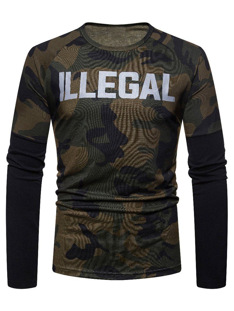 

Camouflage Spliced Long Sleeve T-shirt, Coffee