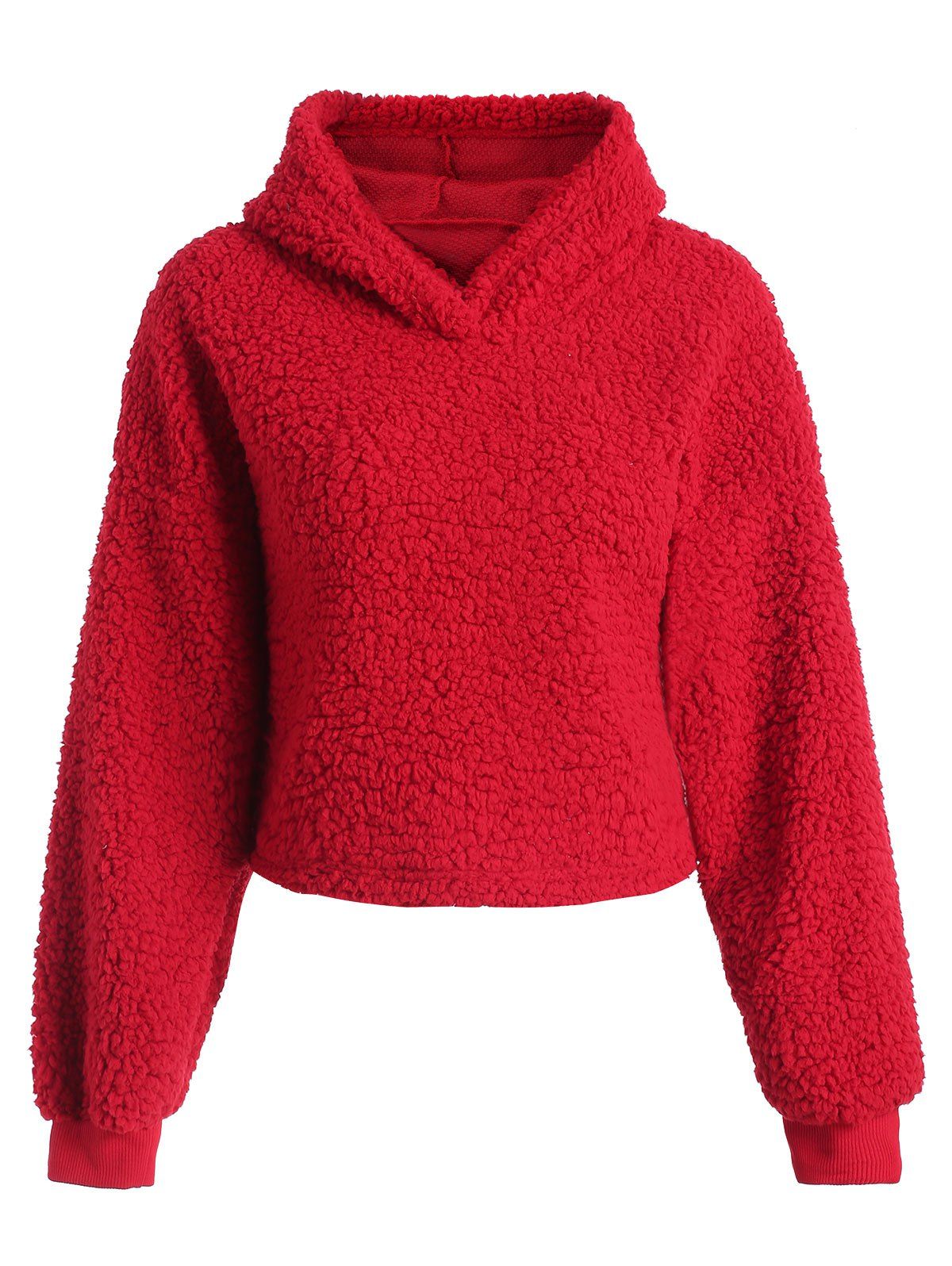 

Faux Fur Pullover Cropped Hoodie, Red