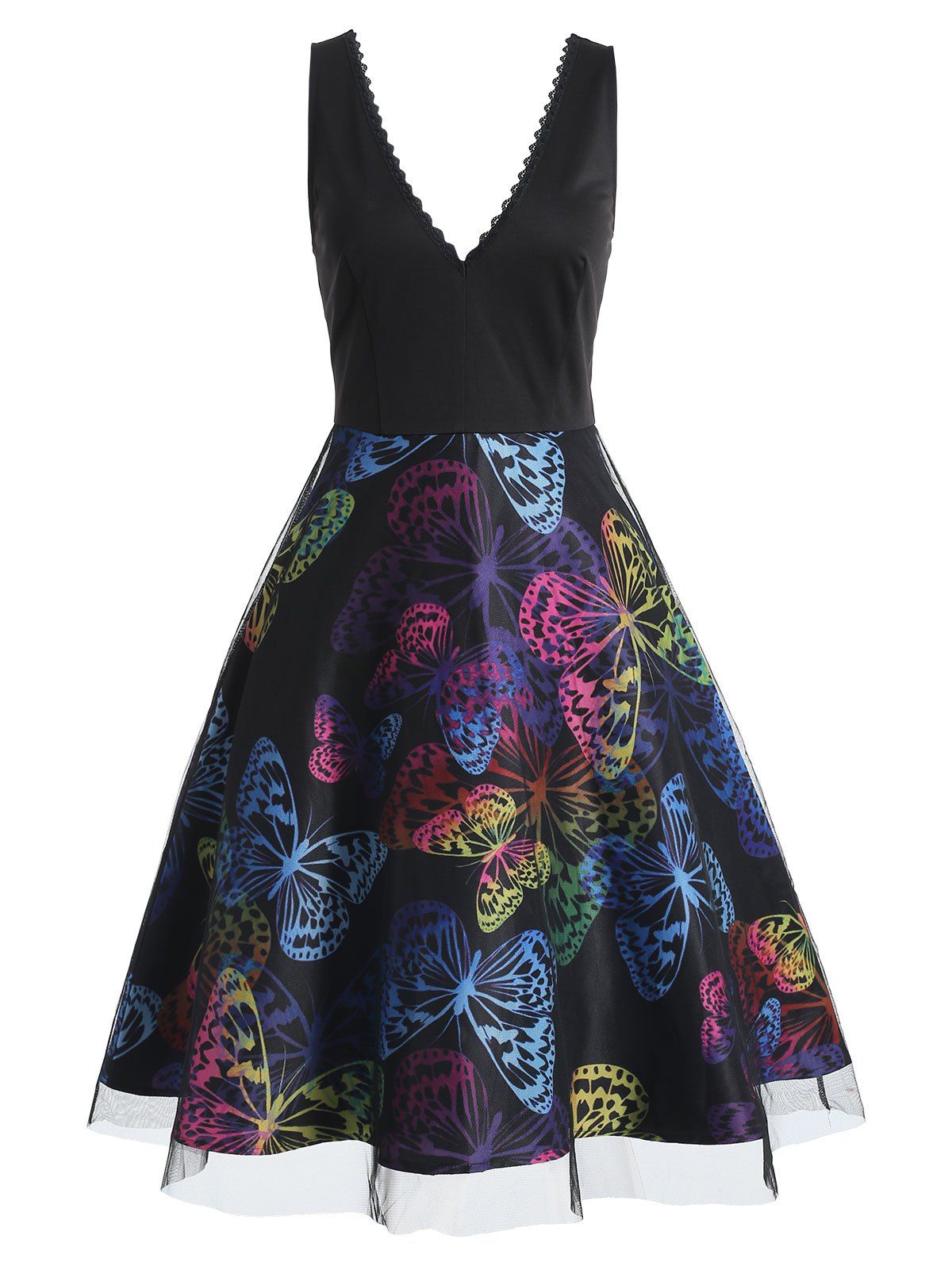 

Butterfly Print High Waist A Line Dress, Black