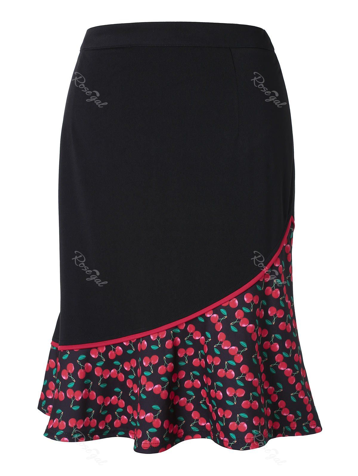 

Plus Size High Rise Cherry Print Mermaid Skirt, Black