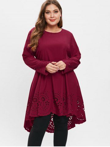 

Long Sleeve Plus Size Laser Cut Dress, Red wine