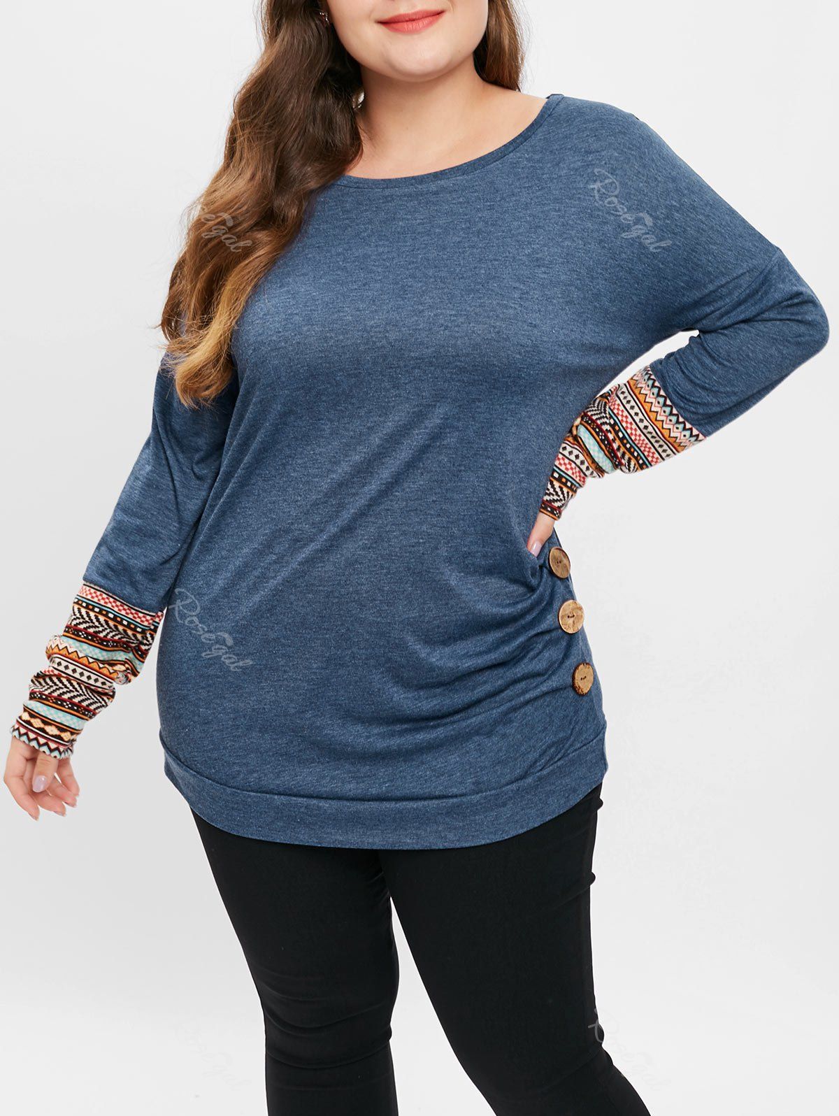 

Printed Plus Size Long Sleeve T-shirt, Blue