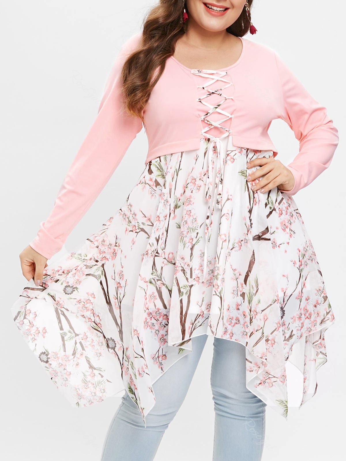 

Plus Size Lace Up Floral Handkerchief T-shirt, Light pink