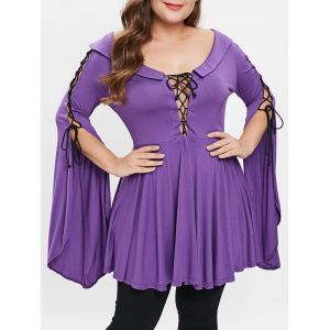 

Bell Sleeve Lace Up Plus Size T-shirt, Purple monster