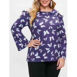 

Plus Size Butterflies Print Ruffled Open Shoulder T-shirt, Multi