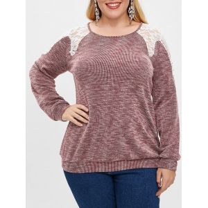 

Plus Size Lace Spliced Boat Neck Beaded Long Sleeves Top, Red wine