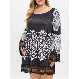 

Plus Size Off Shoulder Ethnic Print Shift Dress, Multi