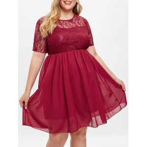 

Plus Size Lace Insert Knee Length Dress, Red wine