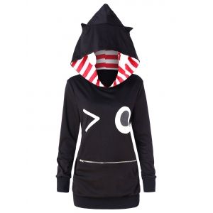 

3D Cartoon Face Pattern Hoodie, Black