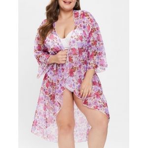 

Plus Size Asymmetric Floral Cover Up Dress, Bright neon pink