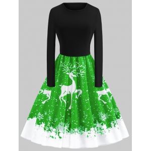 

Plus Size Vintage Christmas Elk Printed Flare Dress, Green