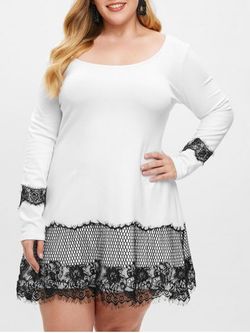 Plus Size Lace Insert Mini T-shirt Dress - WHITE - L