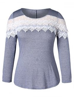 Lace Applique Plus Size Round Neck T-shirt - GRAY - 3X