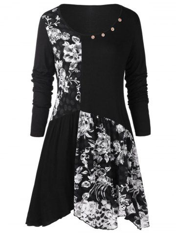 Plus Size Long Sleeves Buttons Longline Floral Top - BLACK - 1X