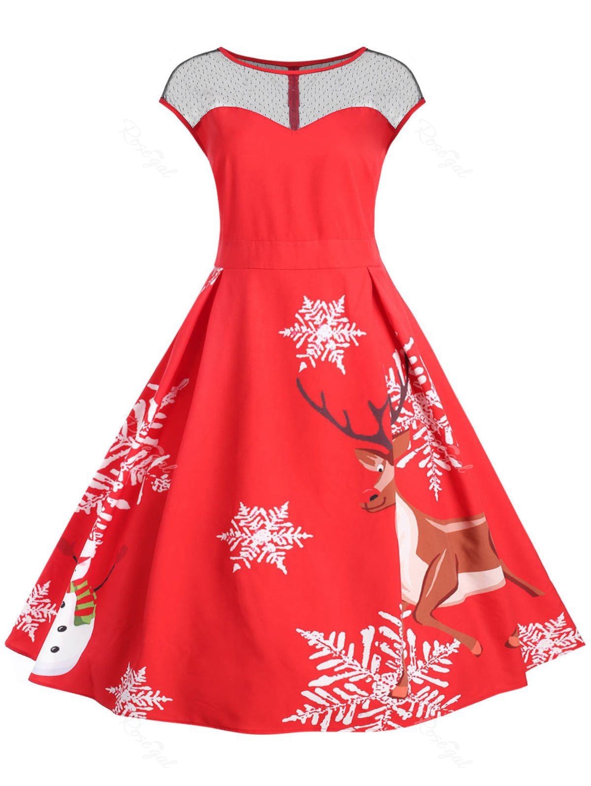 

Plus Size Vintage Christmas Flare Dress with Lace, Red