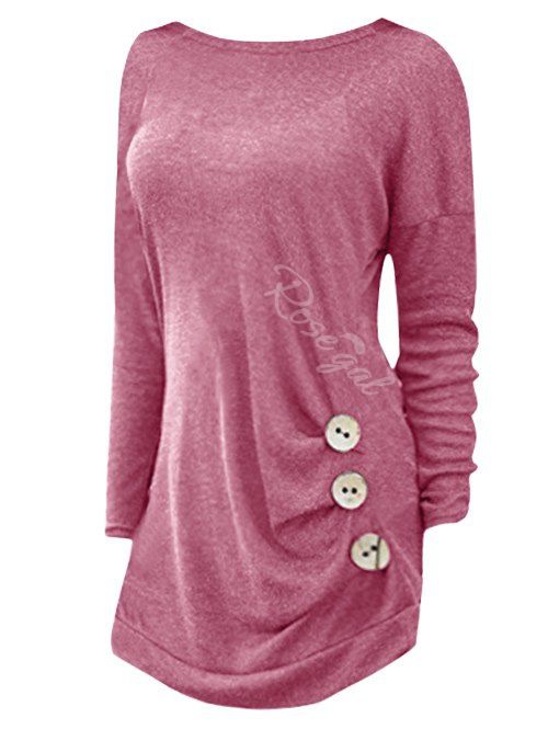 

Plus Size Side Button Detail Long Sleeve T-shirt, Deep pink