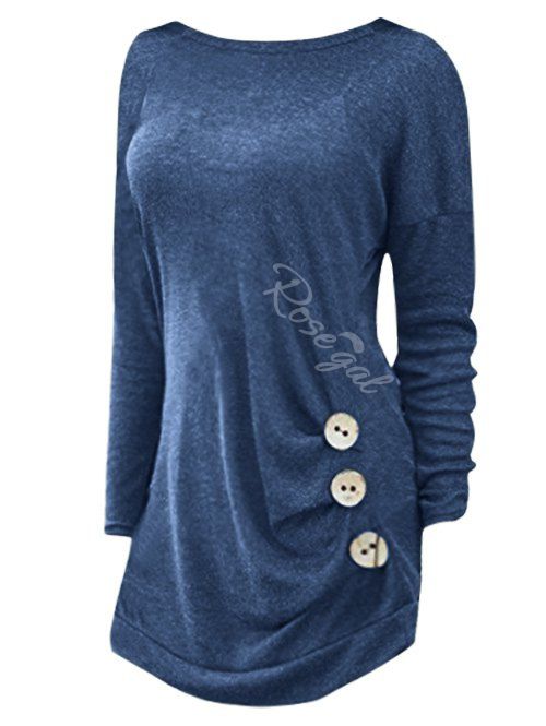 

Plus Size Side Button Detail Long Sleeve T-shirt, Blue