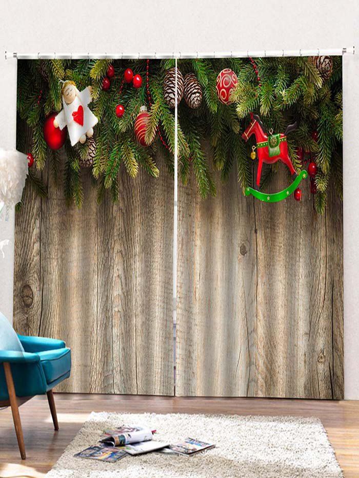 

Christmas Wooden Door Pattern 2PCS Window Curtains, Tan