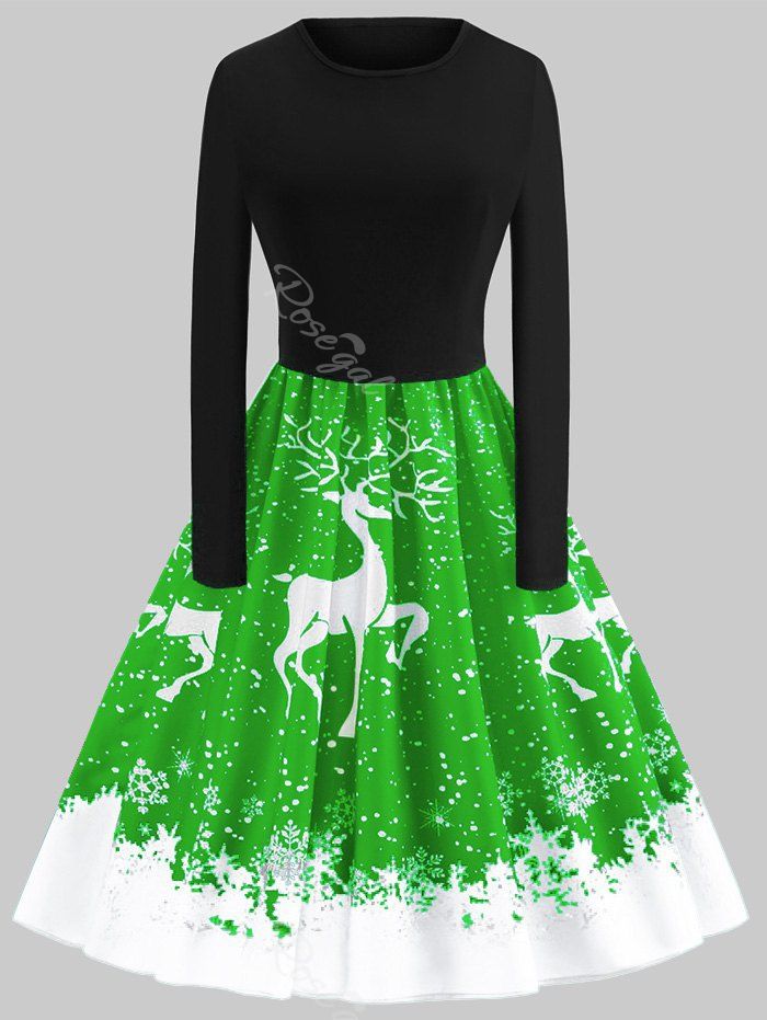 

Plus Size Vintage Christmas Elk Printed Flare Dress, Green