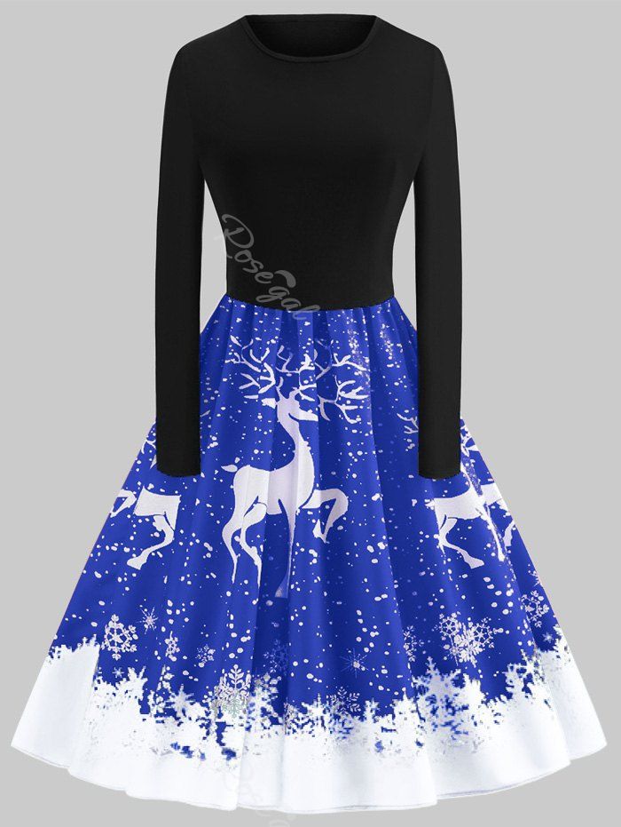 

Plus Size Vintage Christmas Elk Printed Flare Dress, Blue