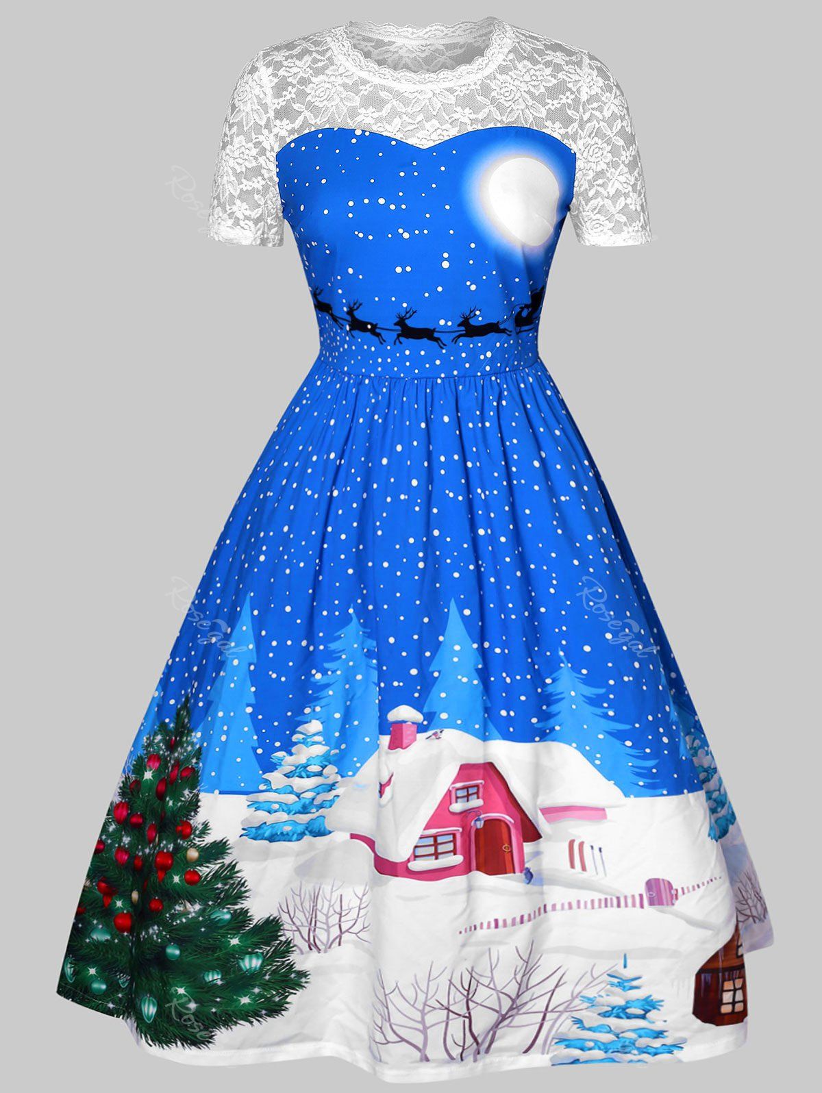 

Plus Size Lace Insert Printed Christmas Dress, Sky blue