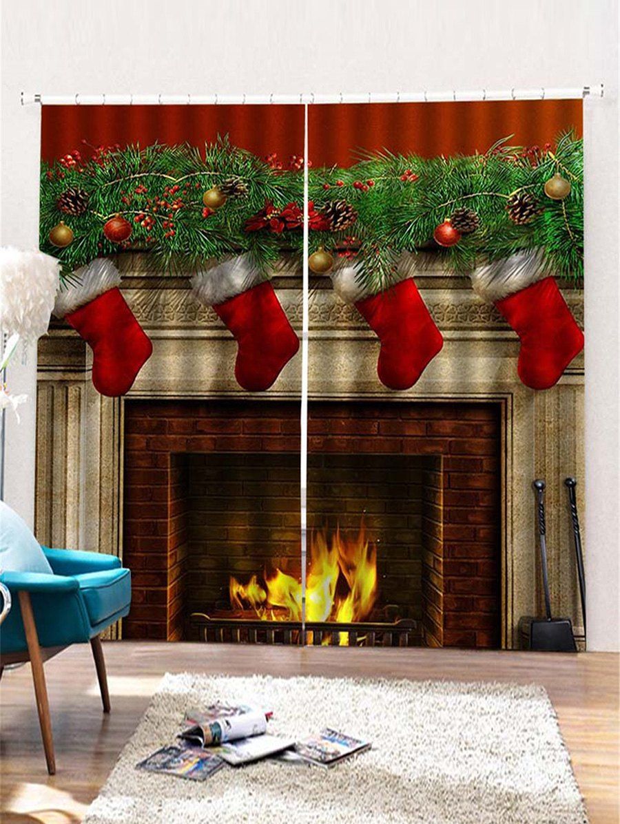 

Christmas Fireplace Pattern 2PCS Window Curtains, Multi