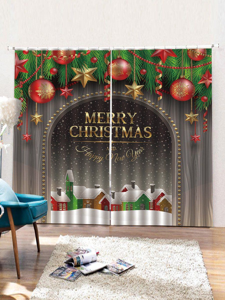

Christmas Wooden Pattern 2PCS Window Curtains, Cloudy gray
