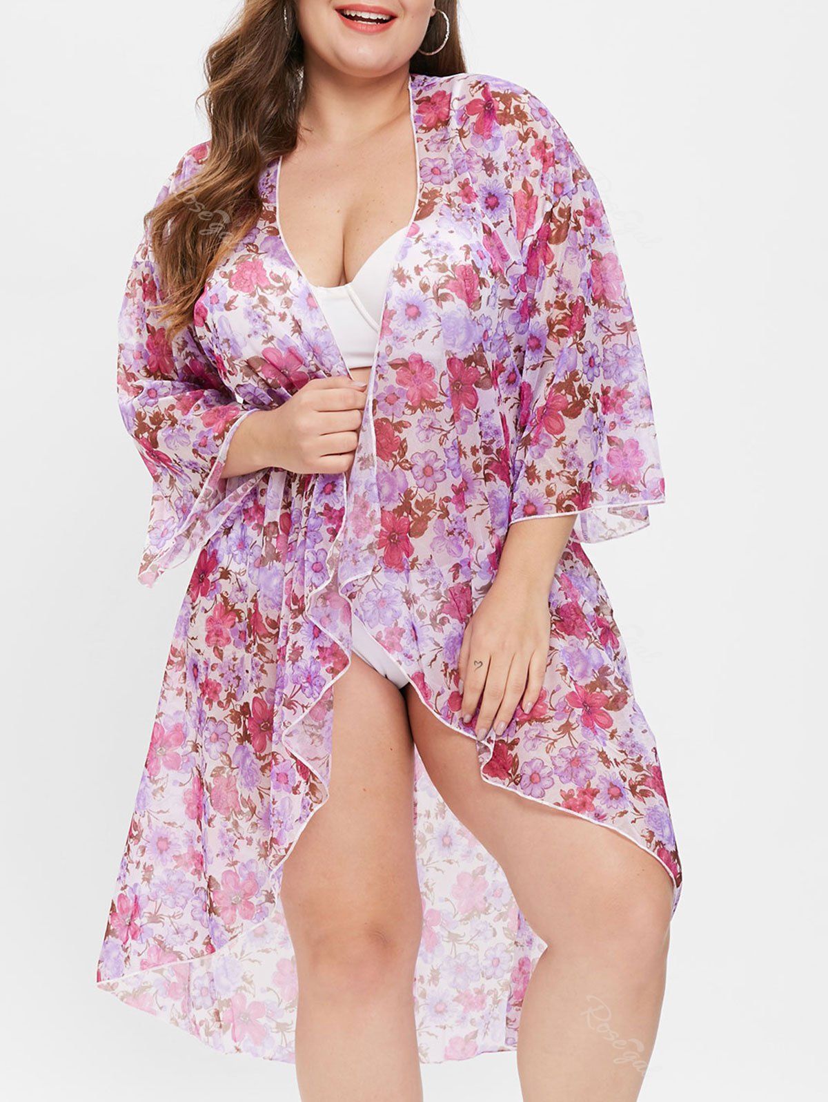 Plus Size Asymmetric Floral Cover Up Dress