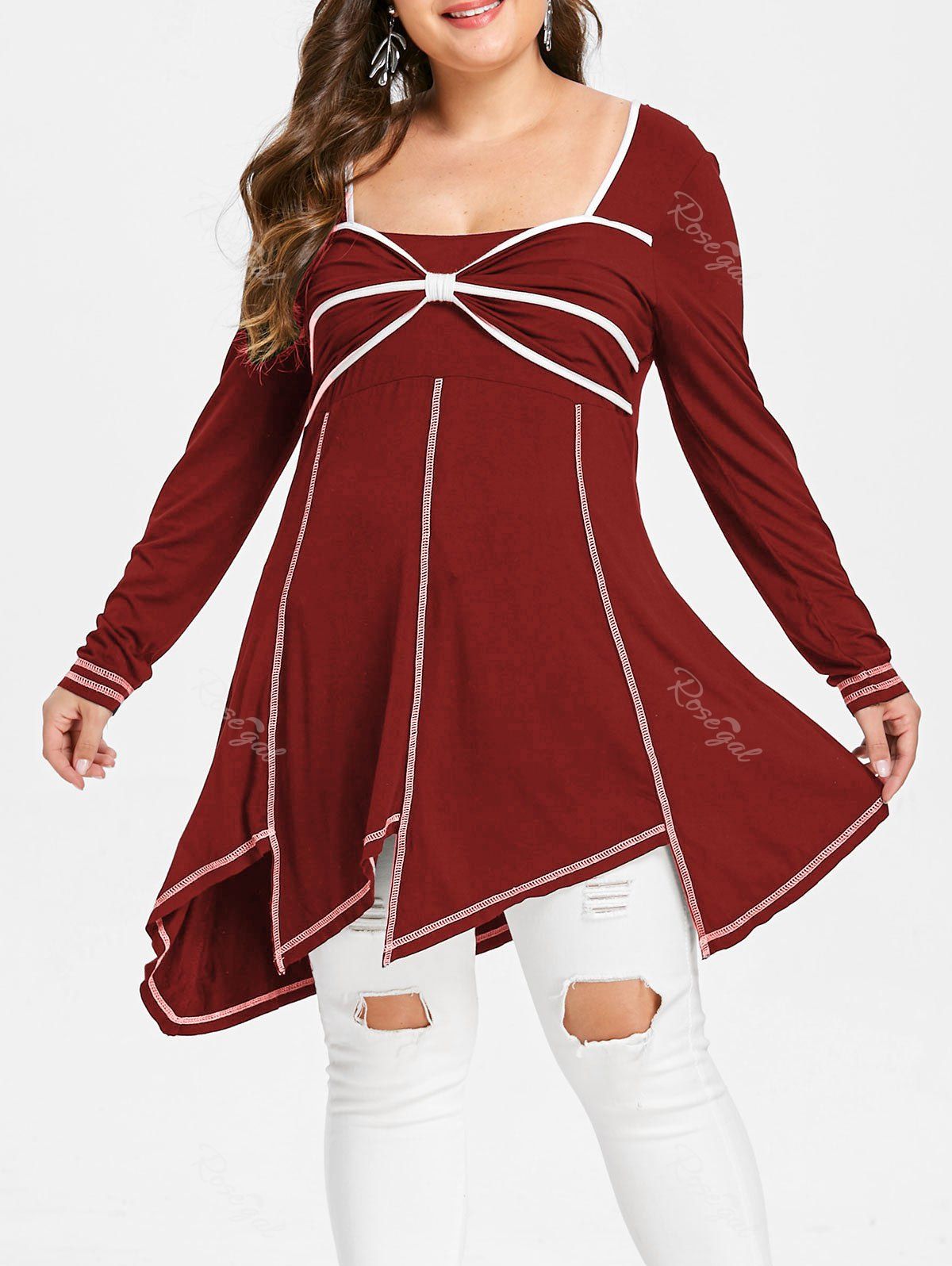 

Bowknot Embellished Plus Size Asymmetrical T-shirt, Red wine