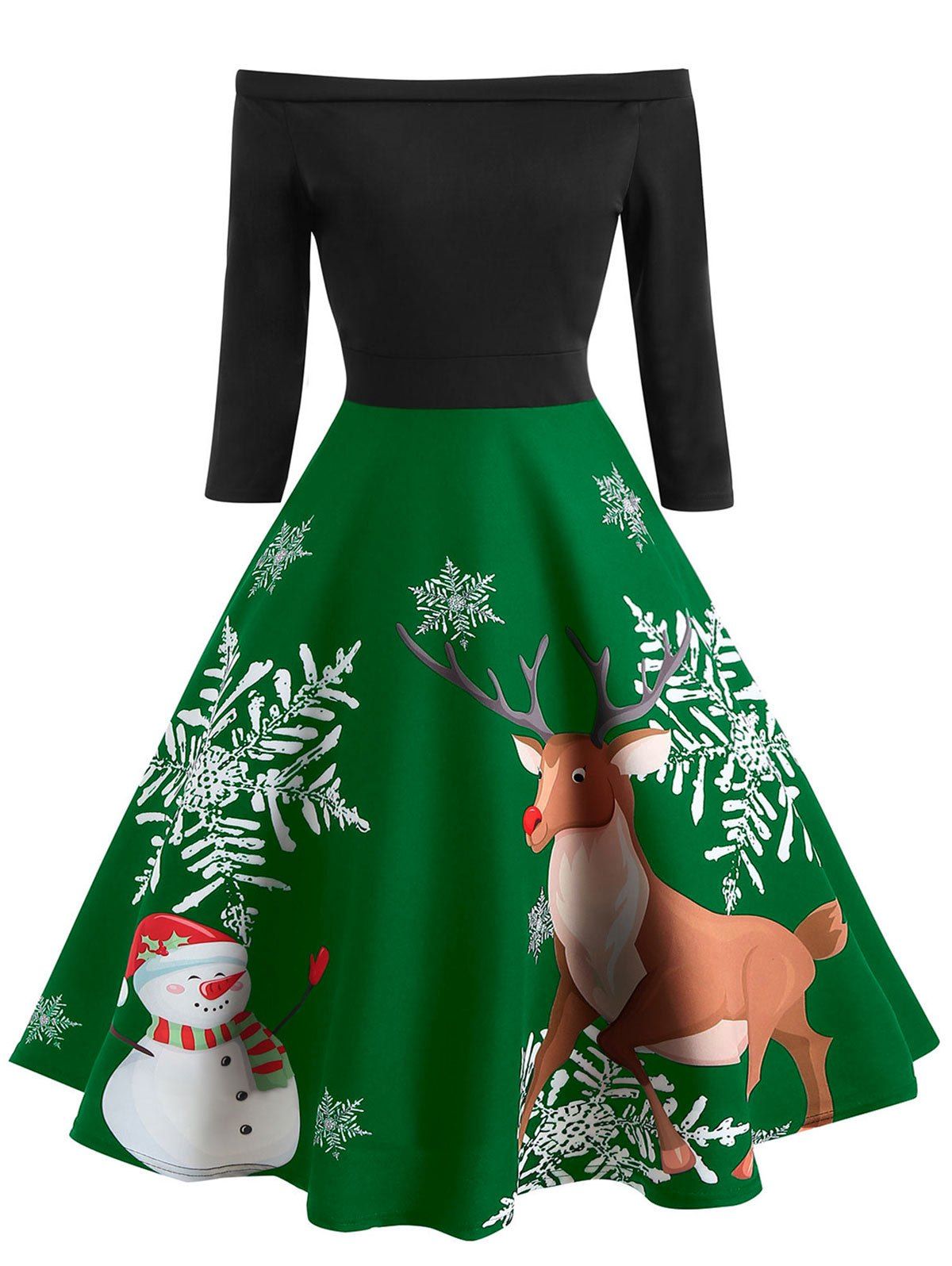 

Off The Shoulder Christmas Elk Print Dress, Shamrock green